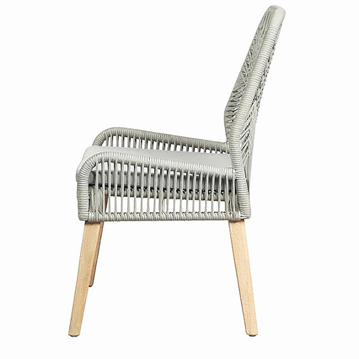 Gray woven dining chair with light wood legs perfect for outdoor seating