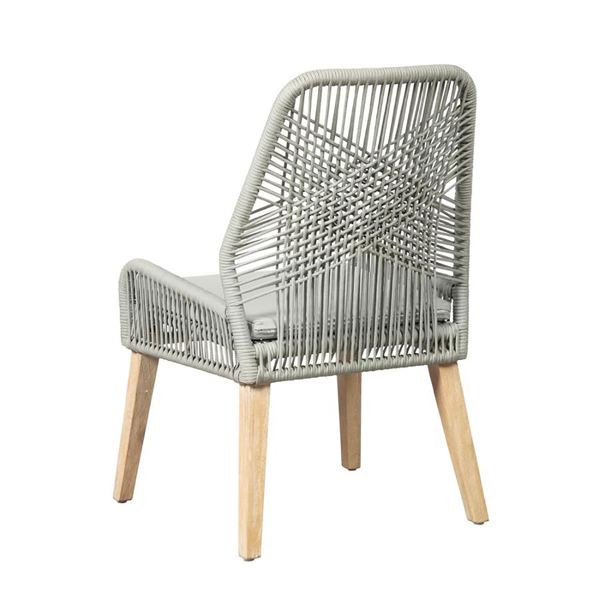 Grey woven dining chair with light wood legs and a light grey cushion