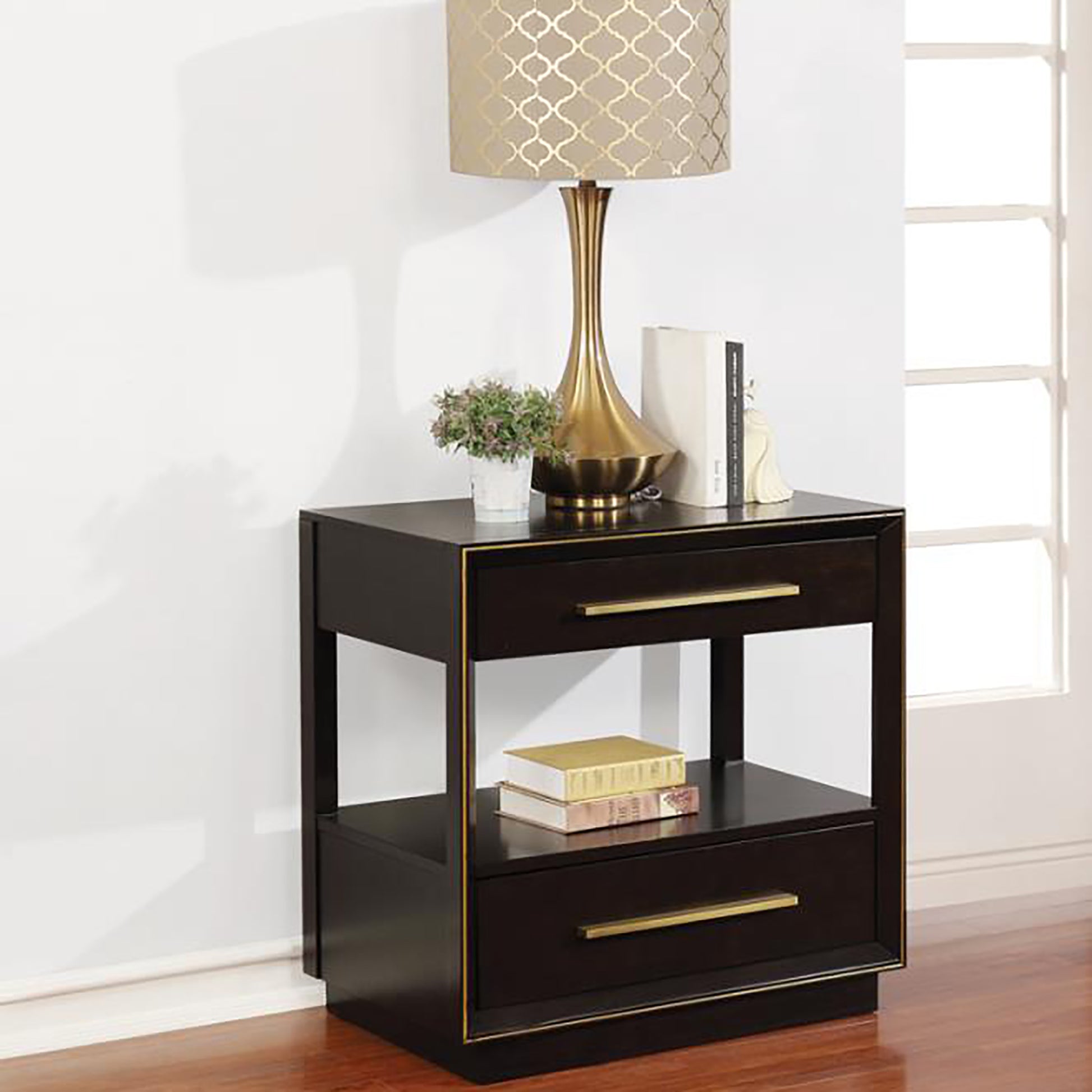Dark wood nightstand with two drawers and brass hardware