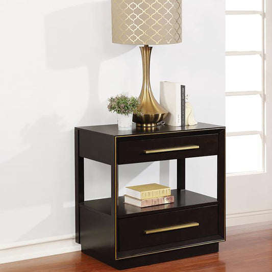 Dark wood nightstand with two drawers and brass hardware
