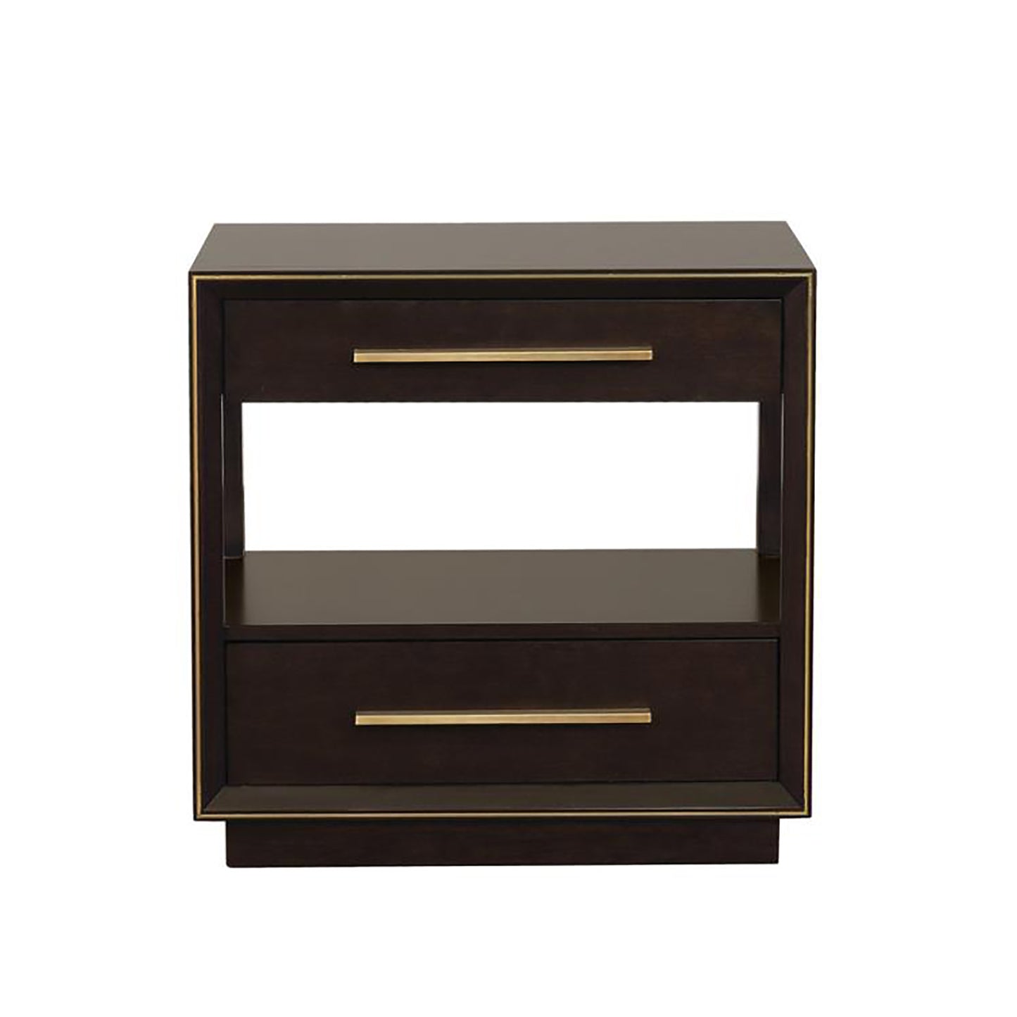 Dark wood nightstand with brass handles and open shelf