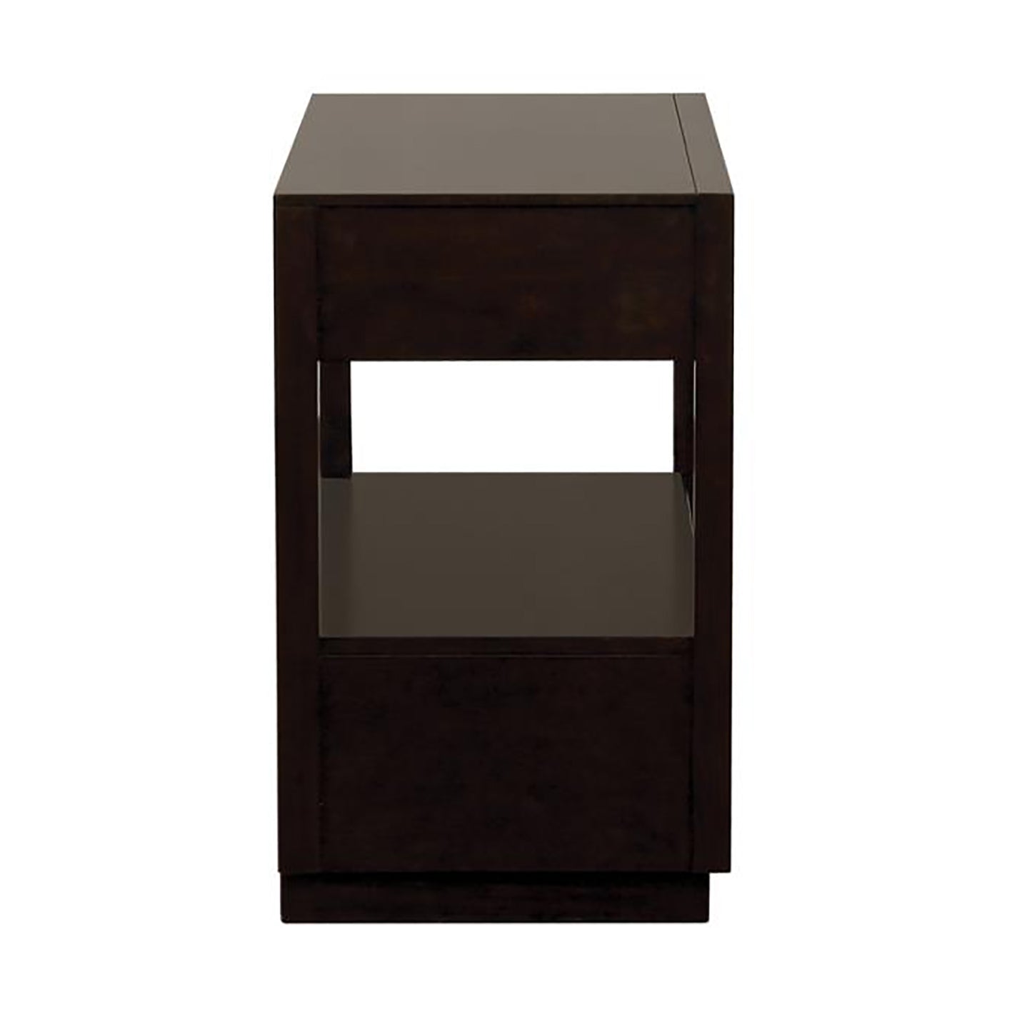 Dark brown modern nightstand with one drawer and an open shelf