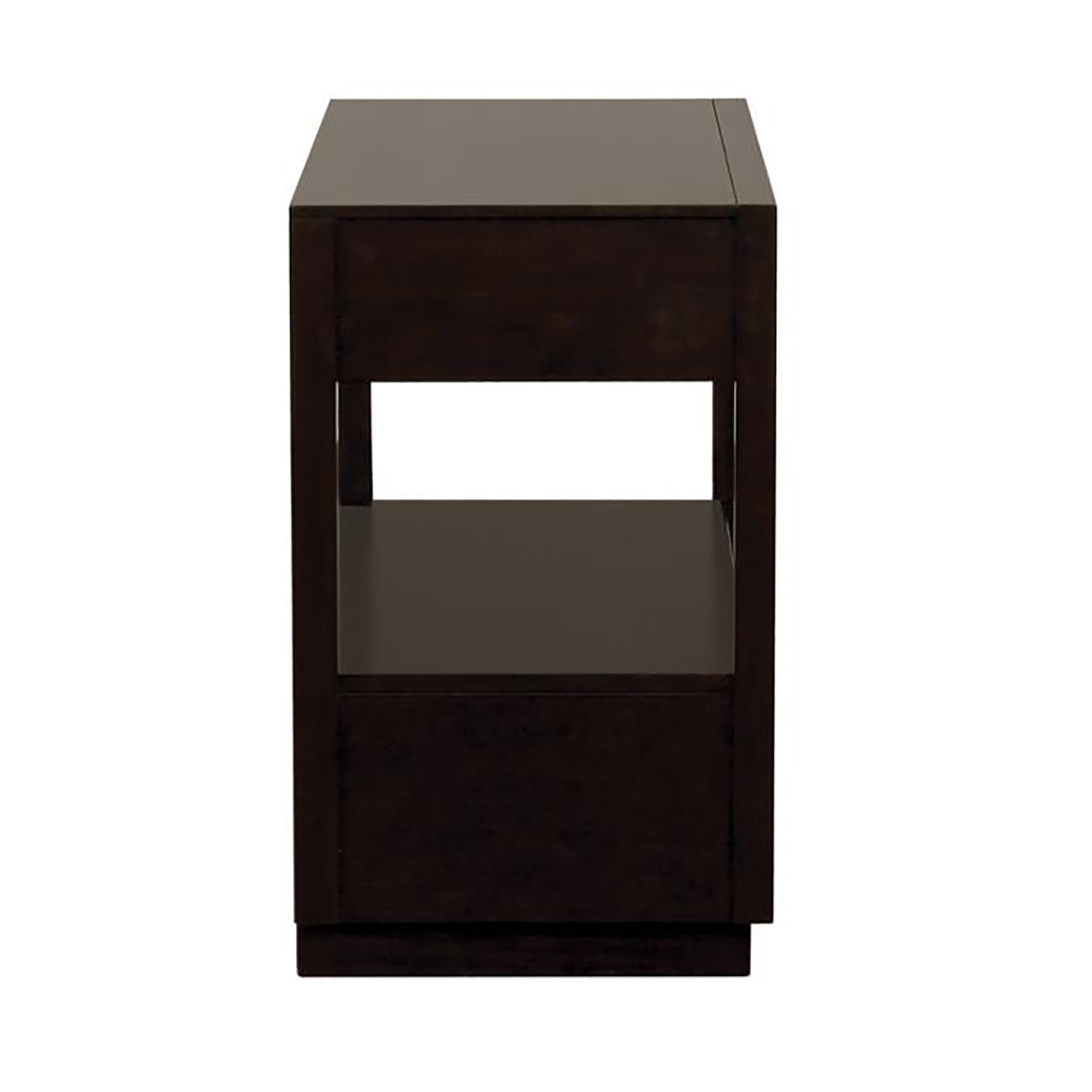 Dark brown modern nightstand with one drawer and an open shelf