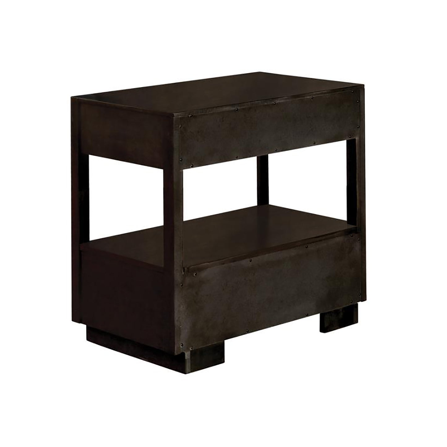 Industrial metal nightstand with two open shelves and exposed rivets dark finish
