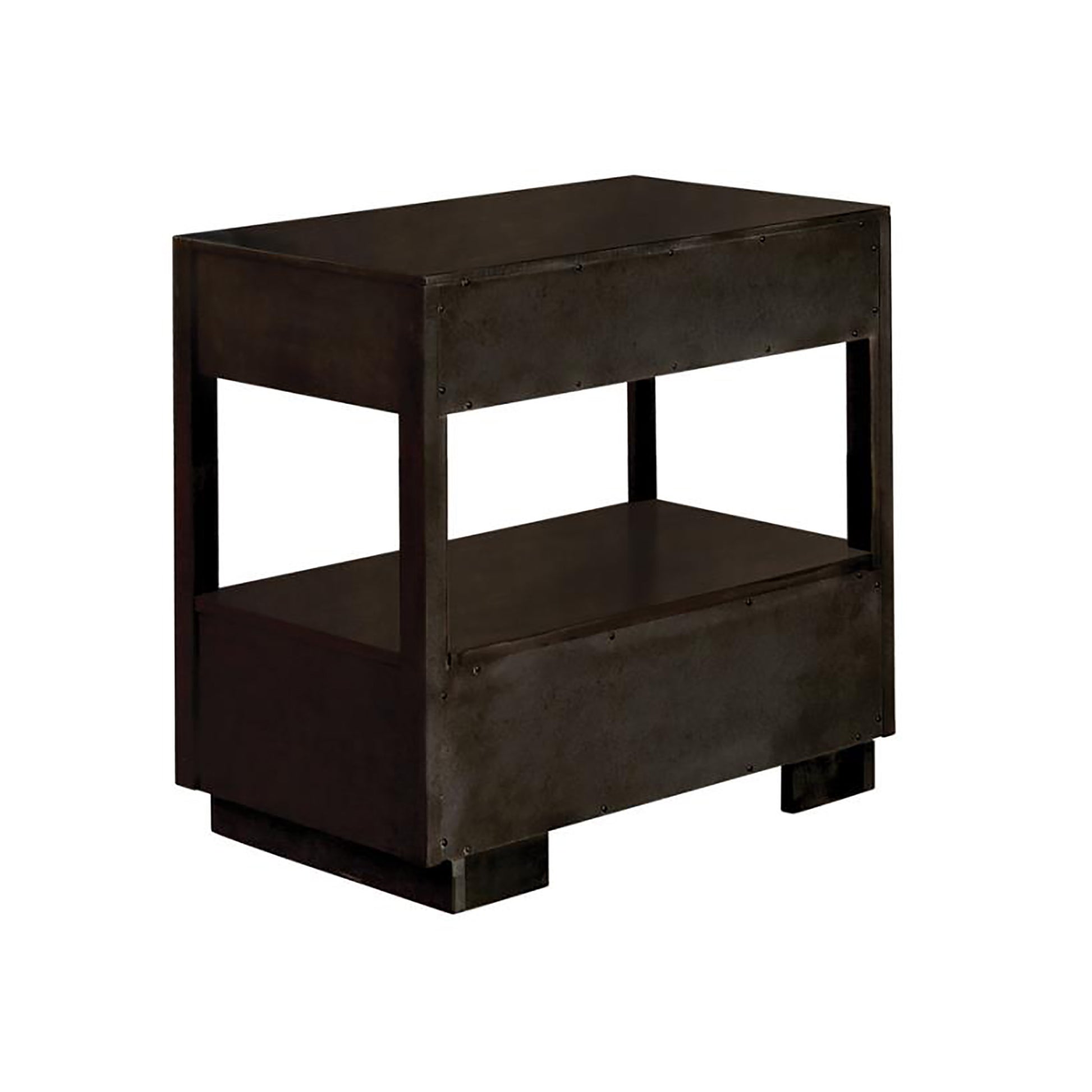 Industrial metal nightstand with two open shelves and exposed rivets dark finish