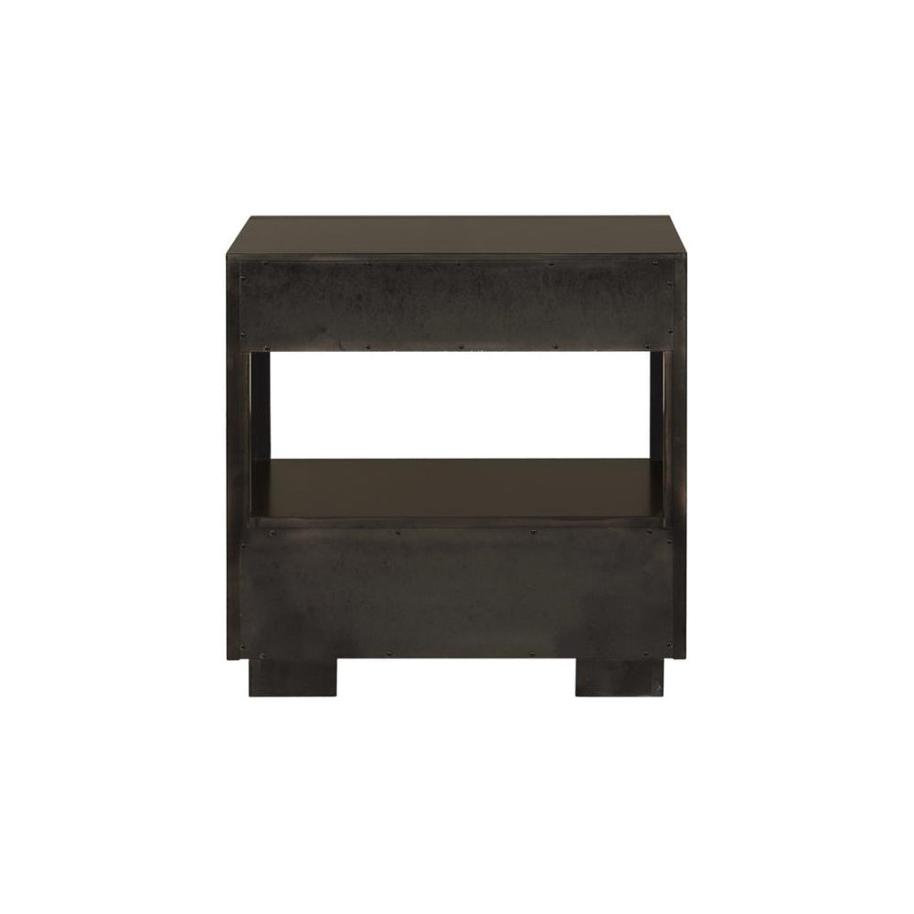 Industrial style metal side table with two open shelves in a dark finish