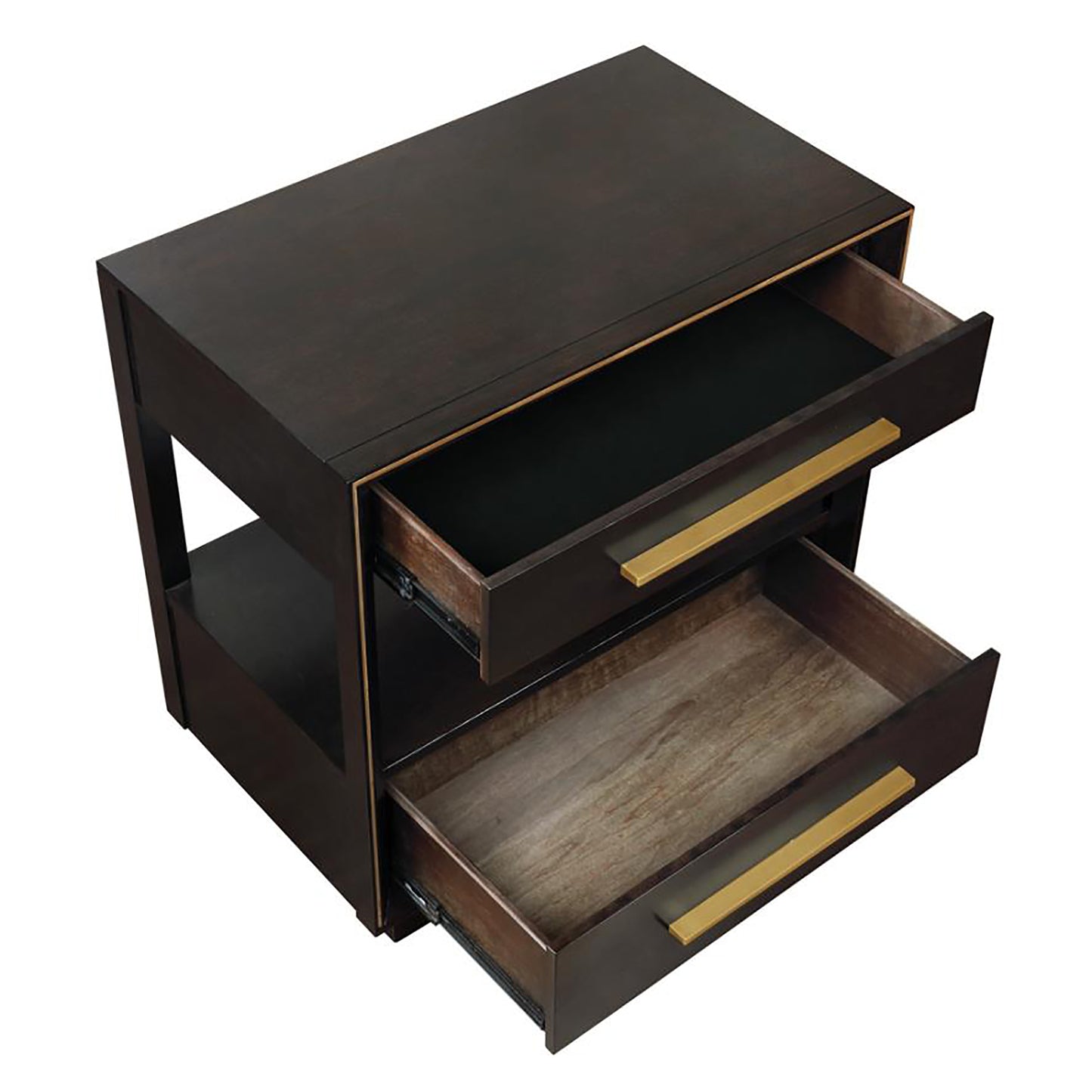 Dark wood modern nightstand with two open drawers and gold handles featuring an open shelf