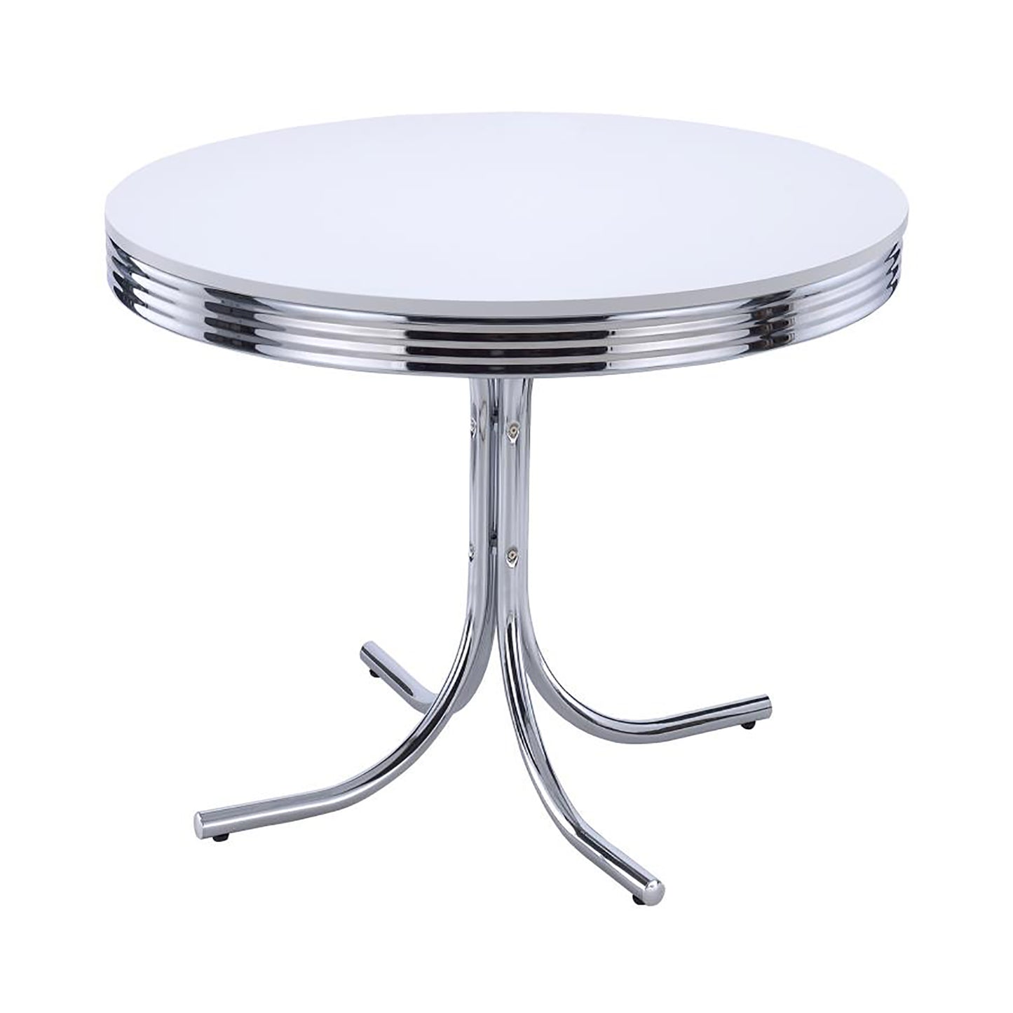 Retro white round dining table with chrome trim and pedestal base