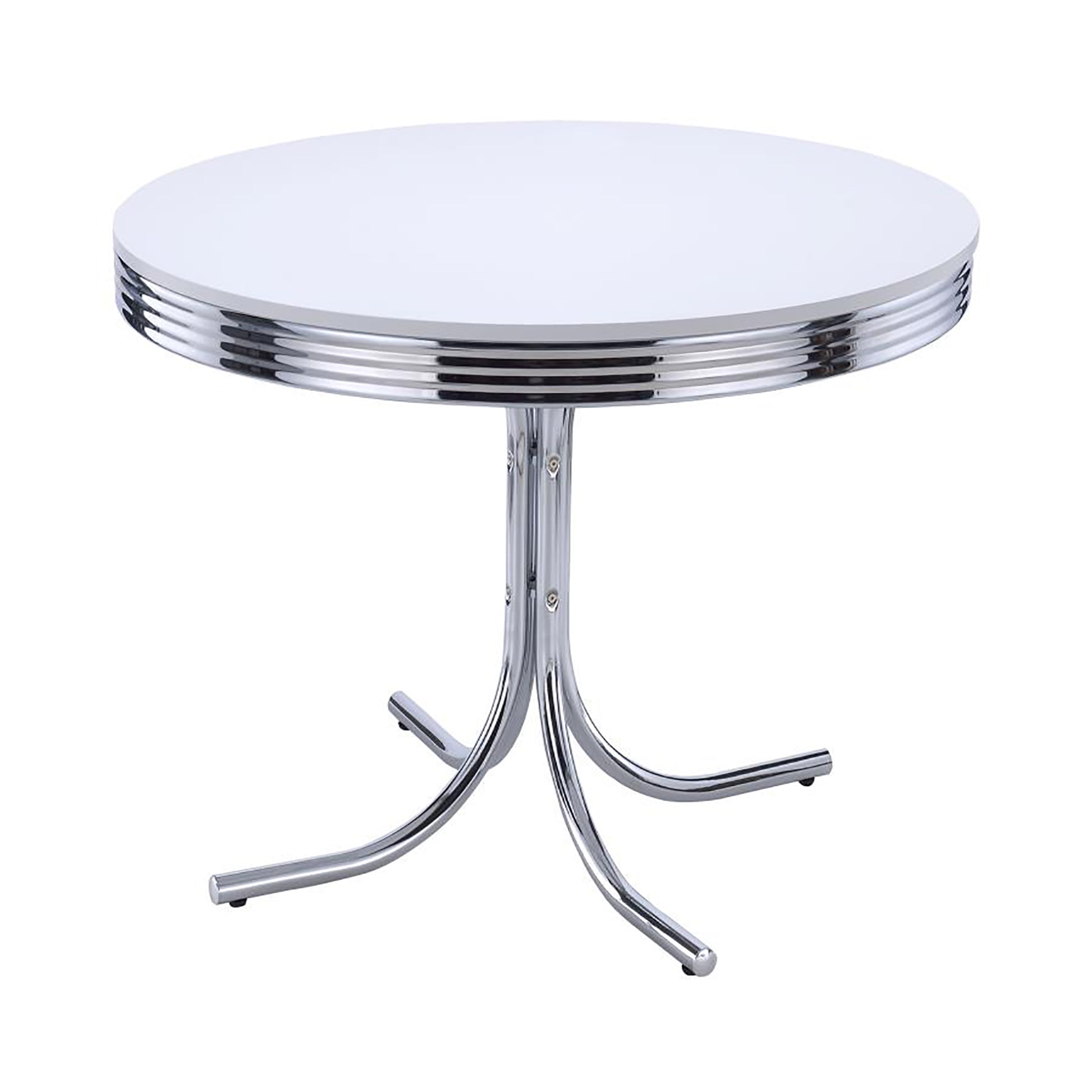 Retro white round dining table with chrome trim and pedestal base