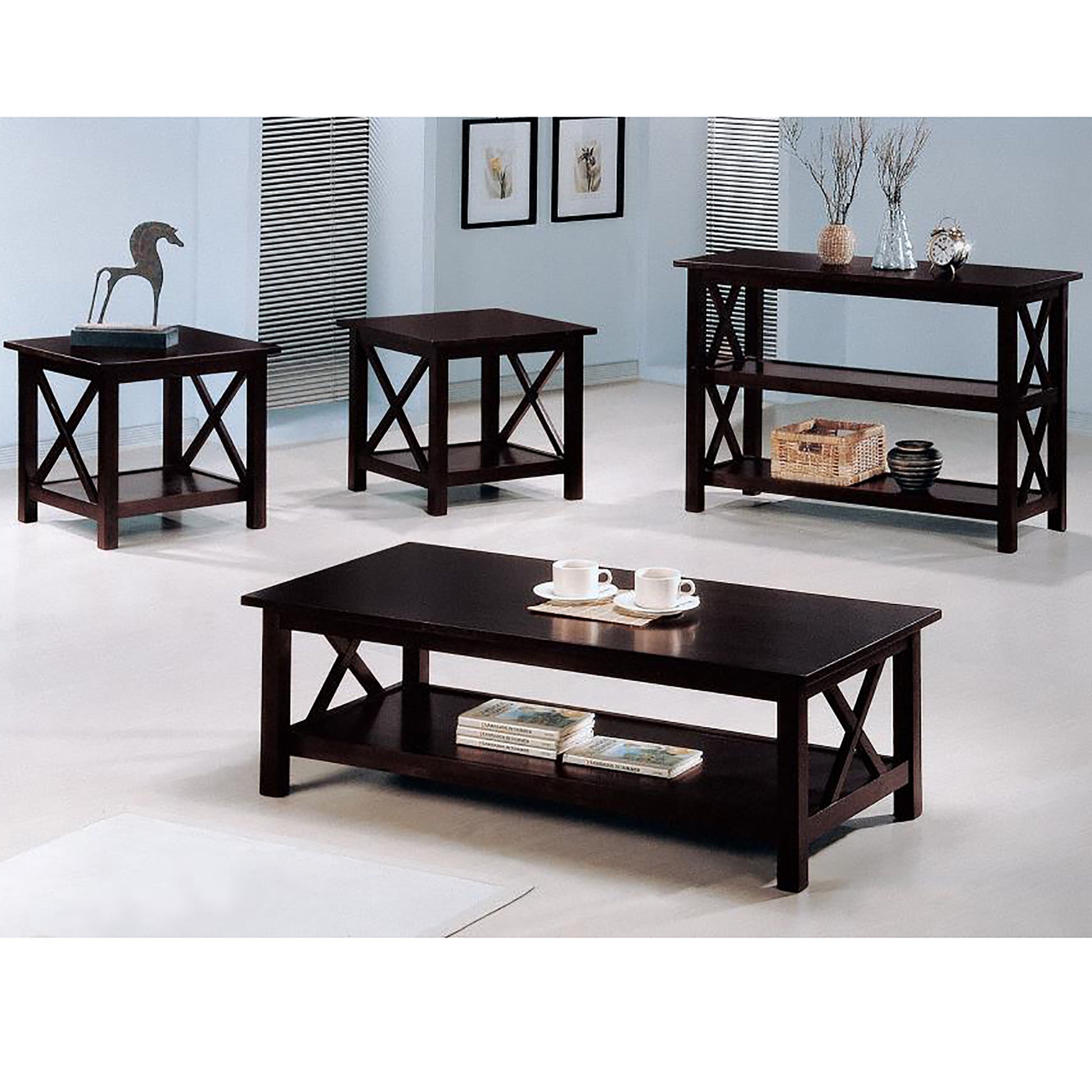 Dark wood coffee table with two shelves and decorative Xframe sides