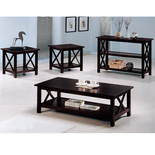 Dark wood coffee table with two shelves and decorative Xframe sides
