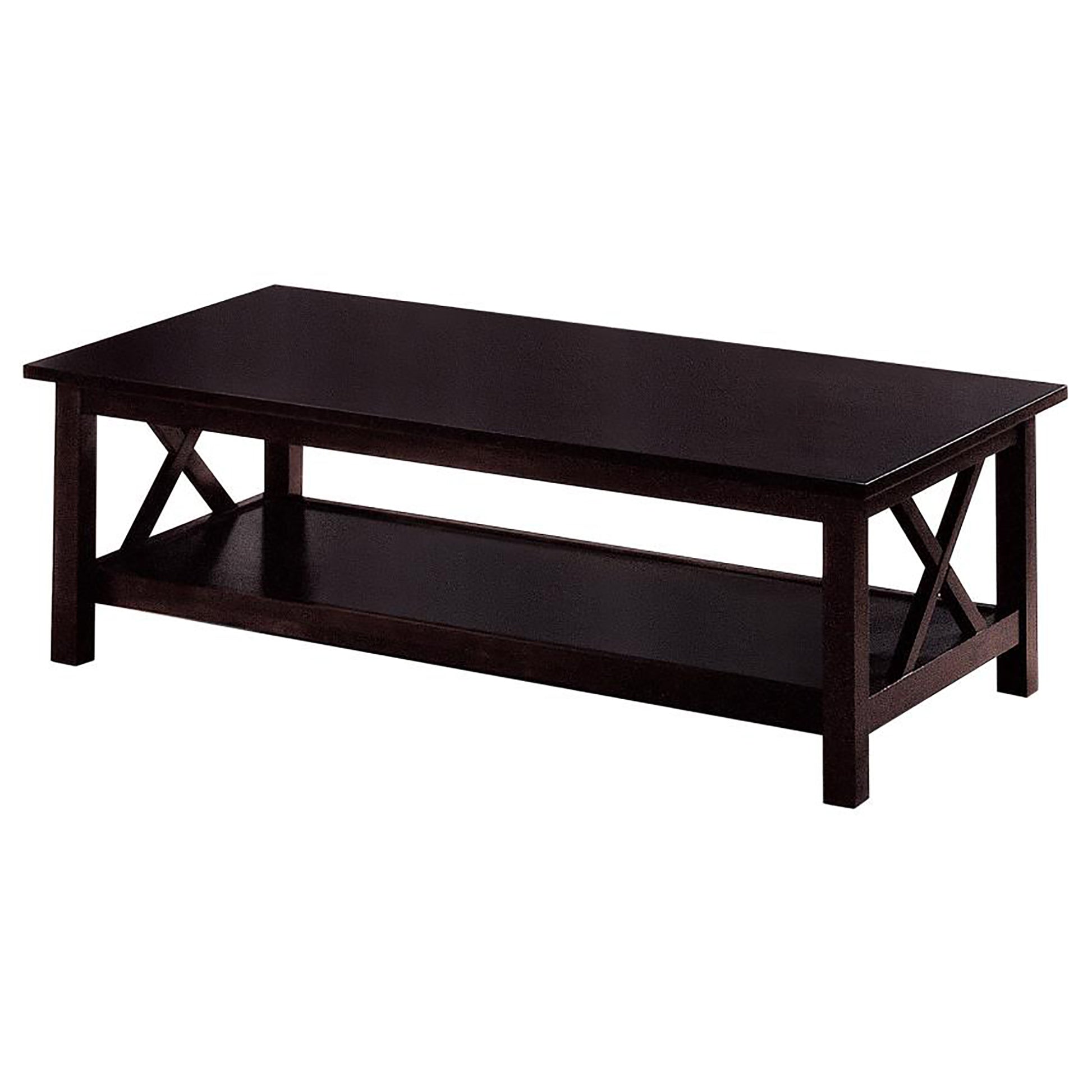 Dark brown wood coffee table with Xleg design and bottom shelf