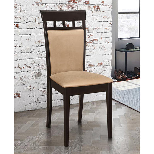 Dark wood dining chair with light tan upholstered seat and back