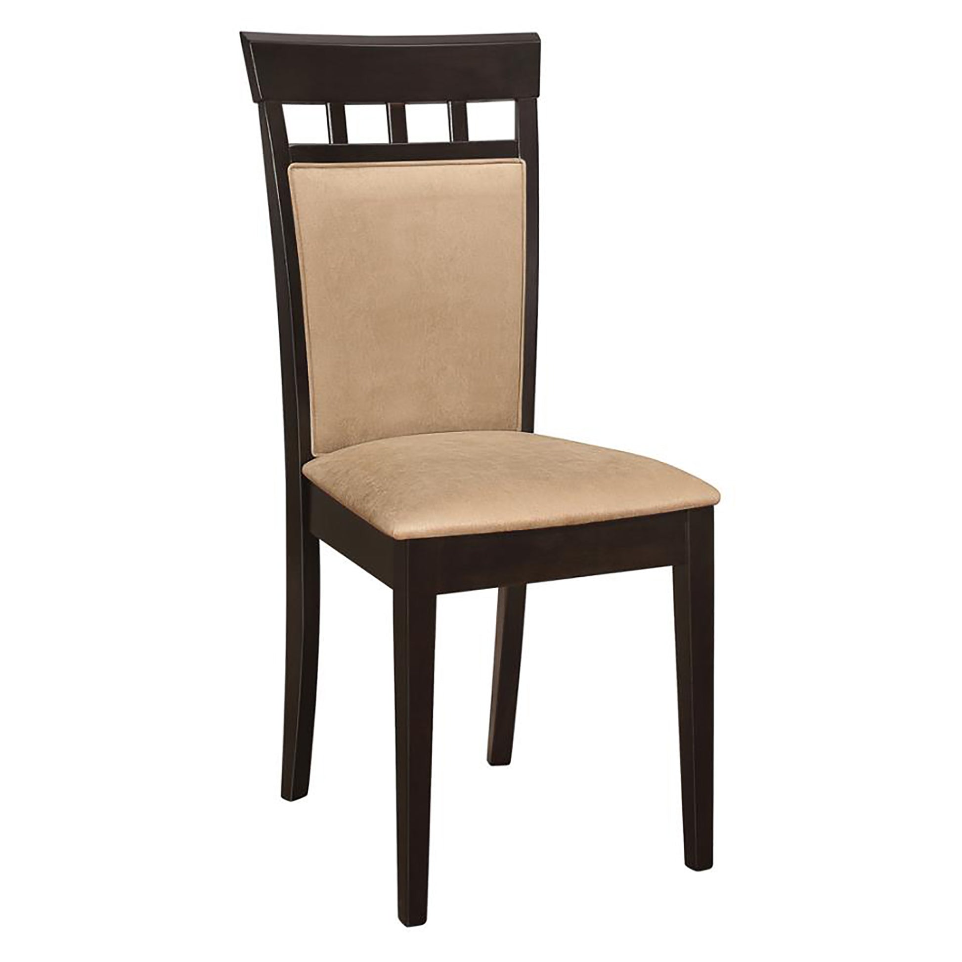 Dark wood dining chair with beige upholstered seat and back