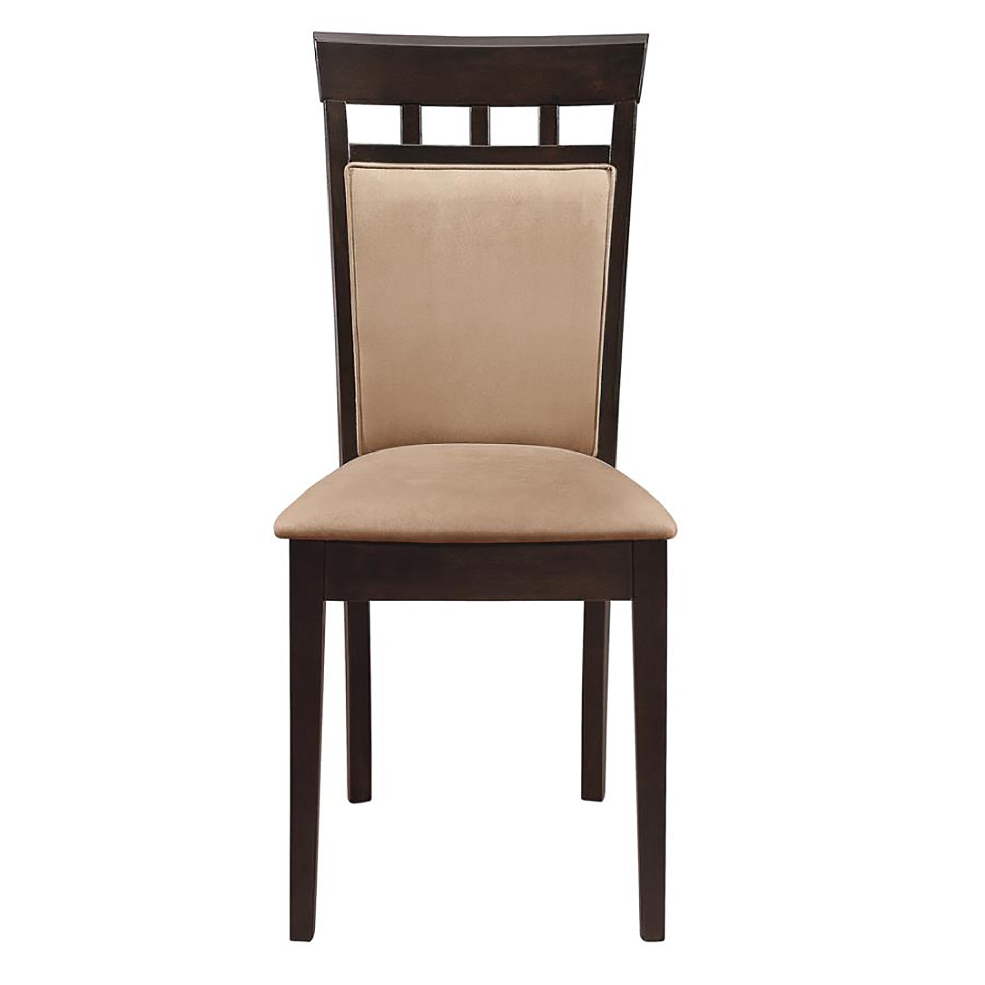 Dark wood dining chair with upholstered beige seat and back modern design