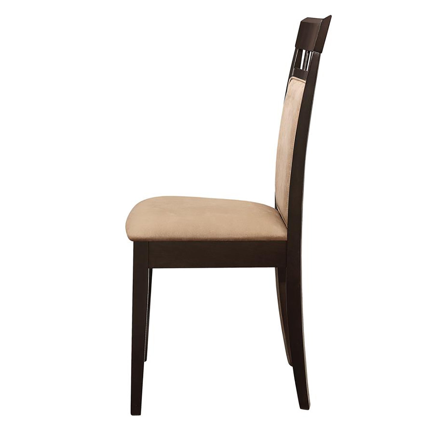 Dark brown wooden dining chair with a light tan upholstered seat and backrest