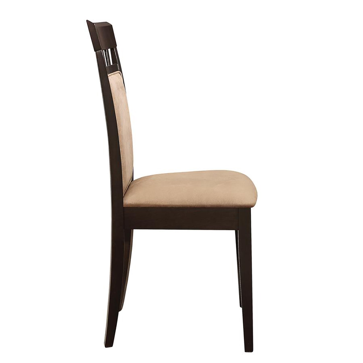 Side profile of a dark brown dining chair with a tan upholstered seat and back