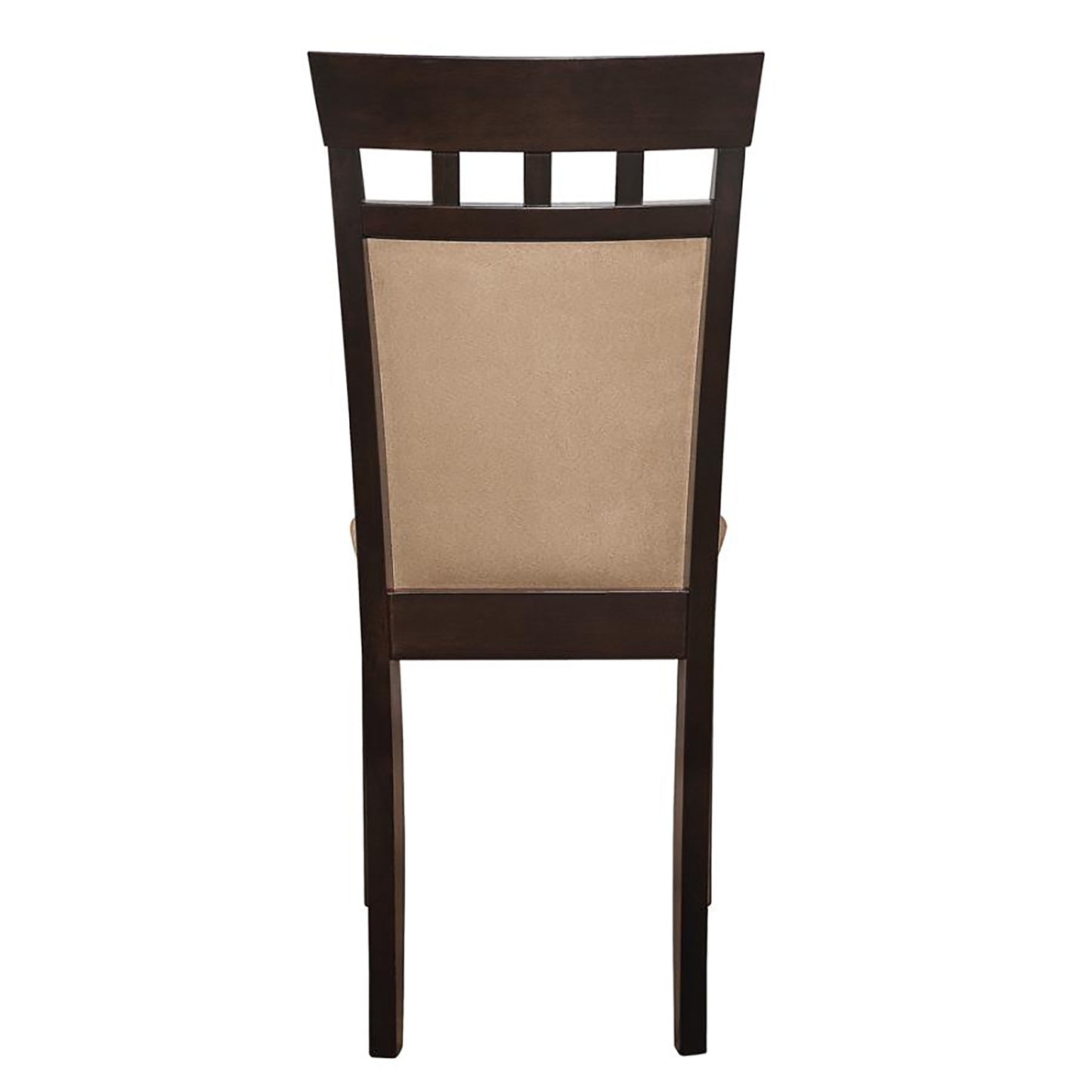 Dark wood dining chair with beige upholstered back and four horizontal slats