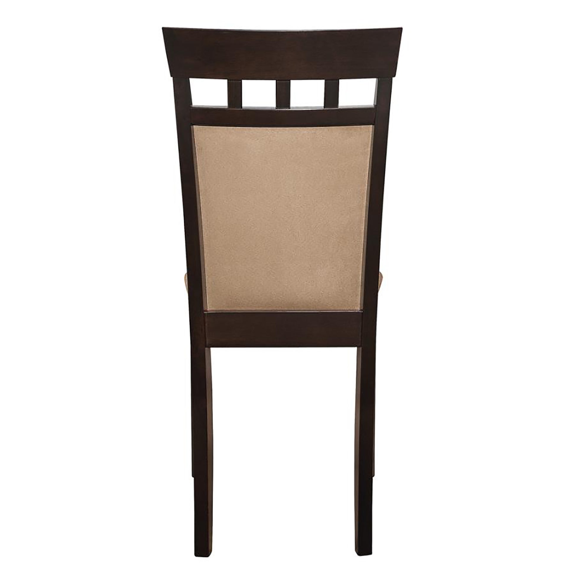 Dark wood dining chair with beige upholstered back and four horizontal slats