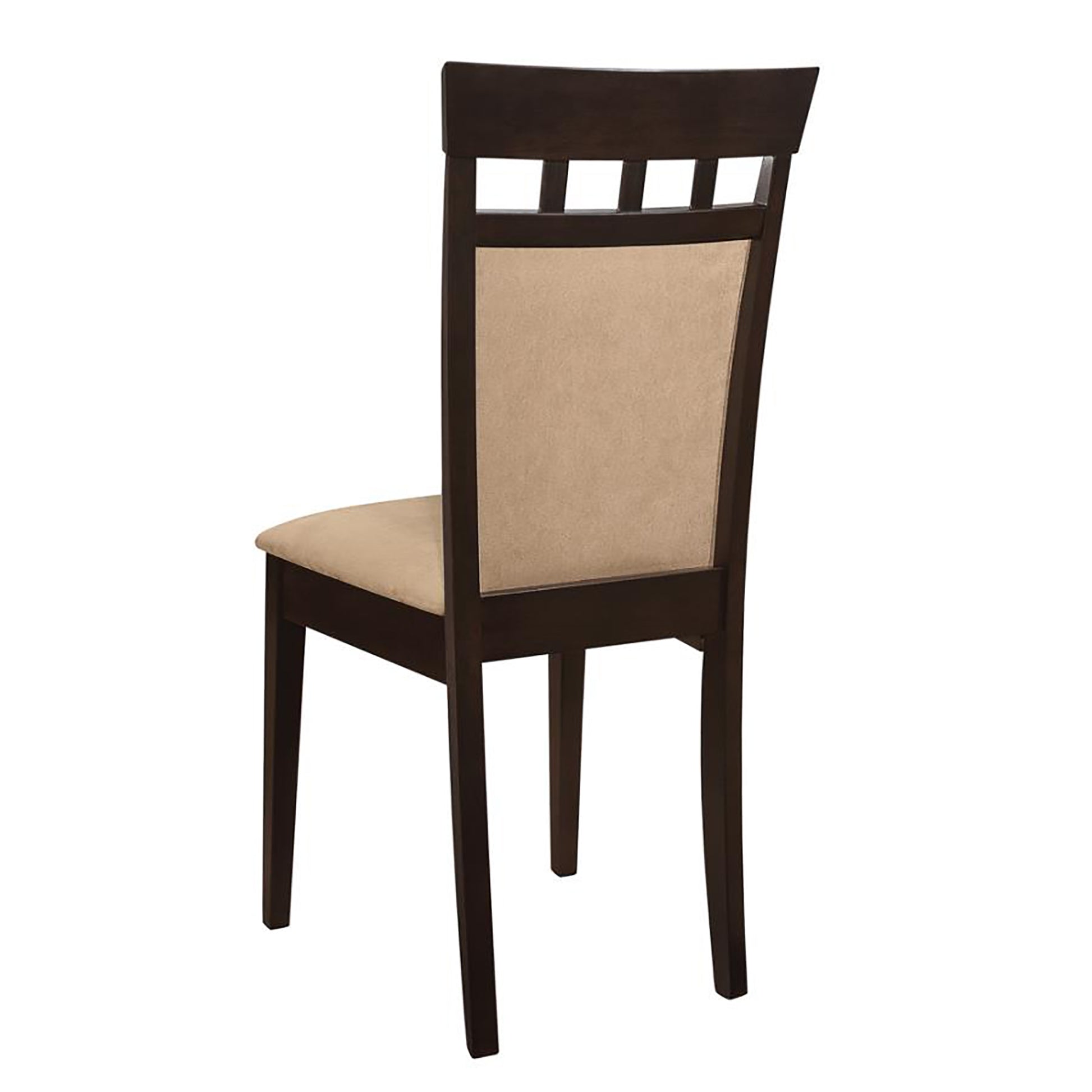 Dark wood dining chair with beige upholstered seat and back slatted backrest