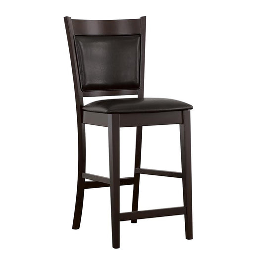 Dark brown wooden bar stool with padded black leather seat and back