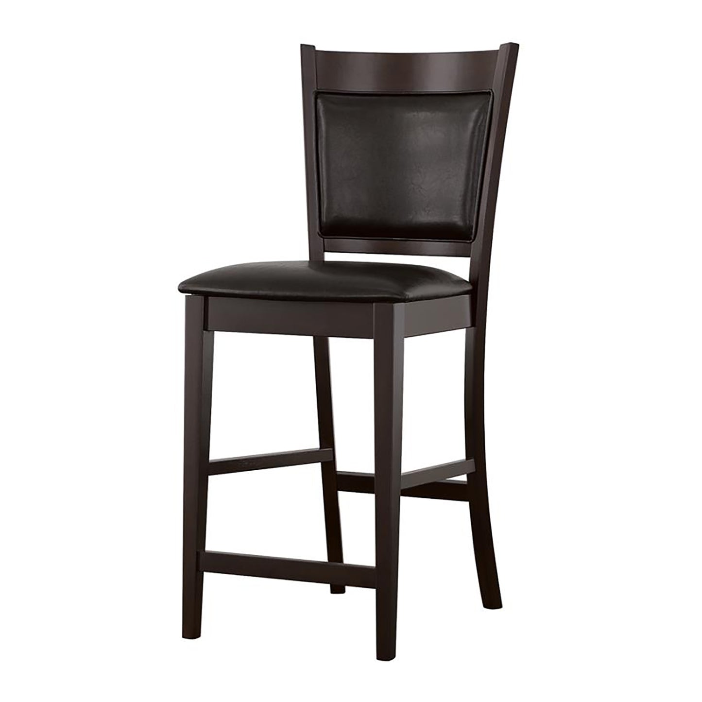 Dark brown wood and leather counter stool with cushioned seat and back