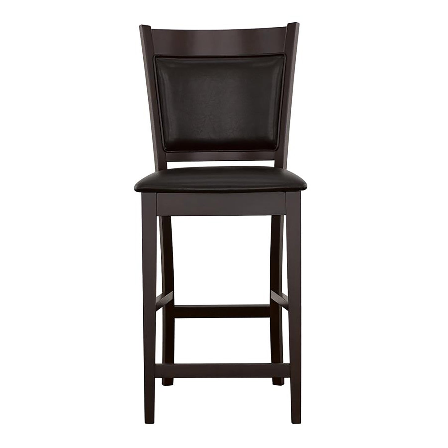 Dark brown wooden bar stool with black leather seat and back cushion