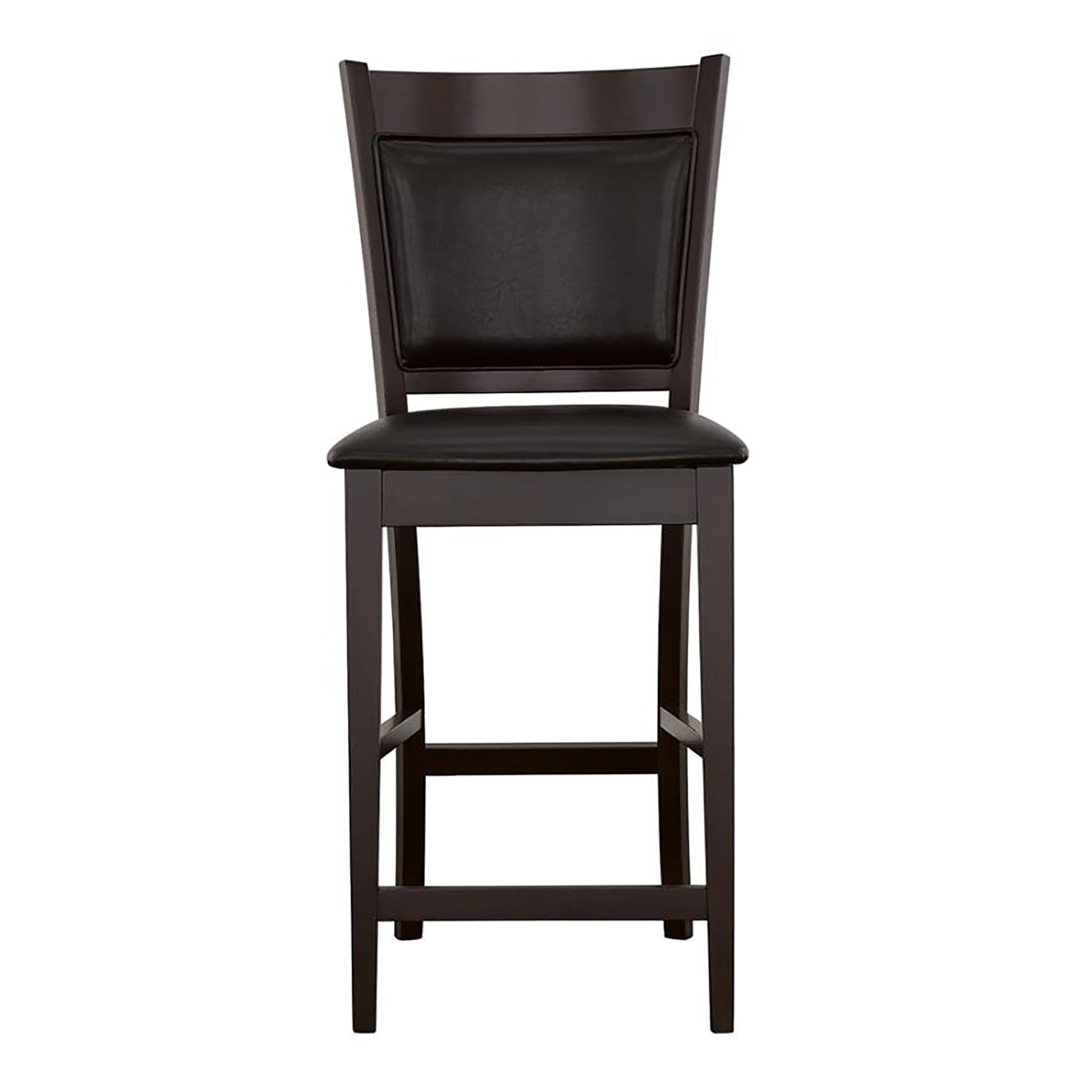 Dark brown wooden bar stool with black leather seat and back cushion
