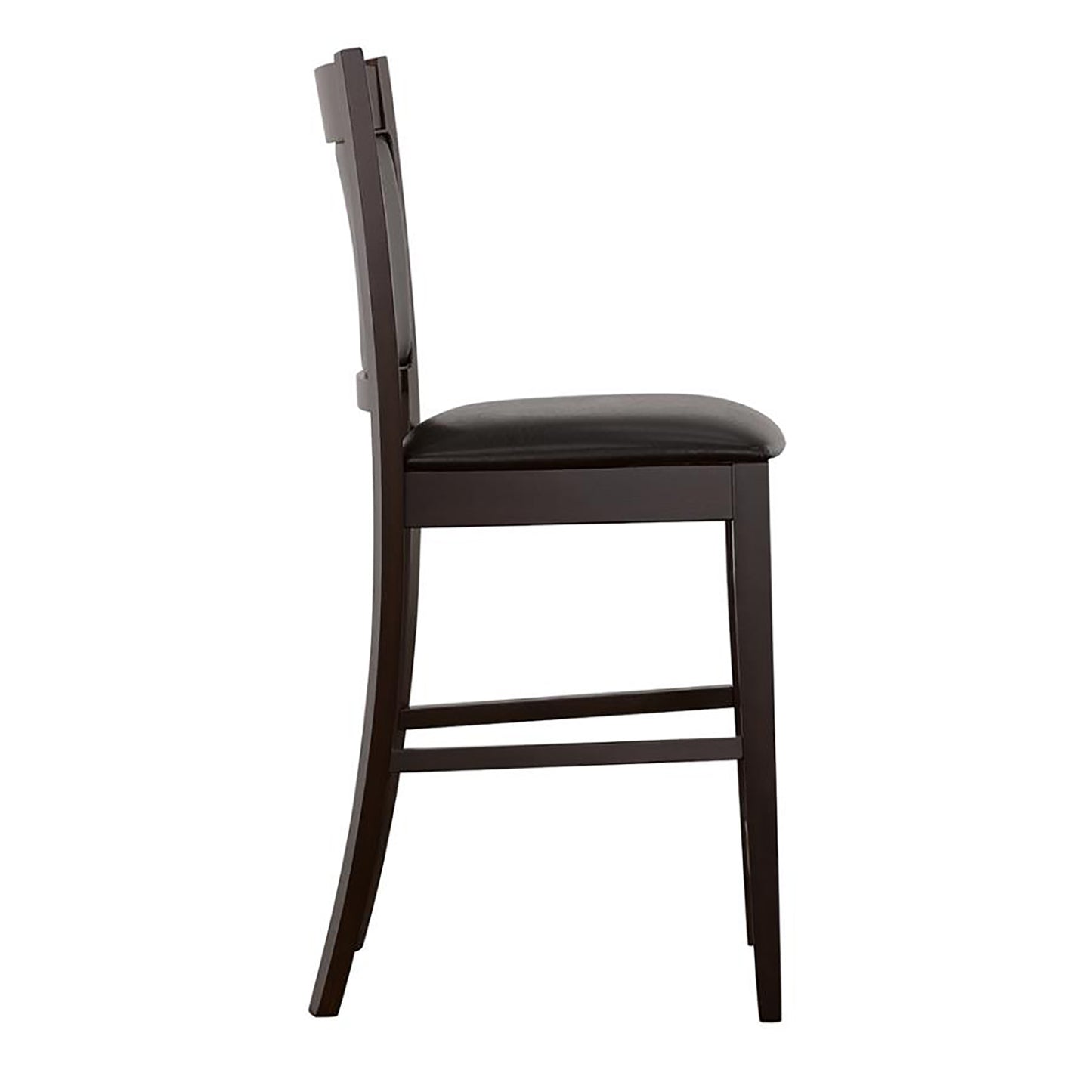 Dark brown wooden bar stool with black upholstered seat profile view