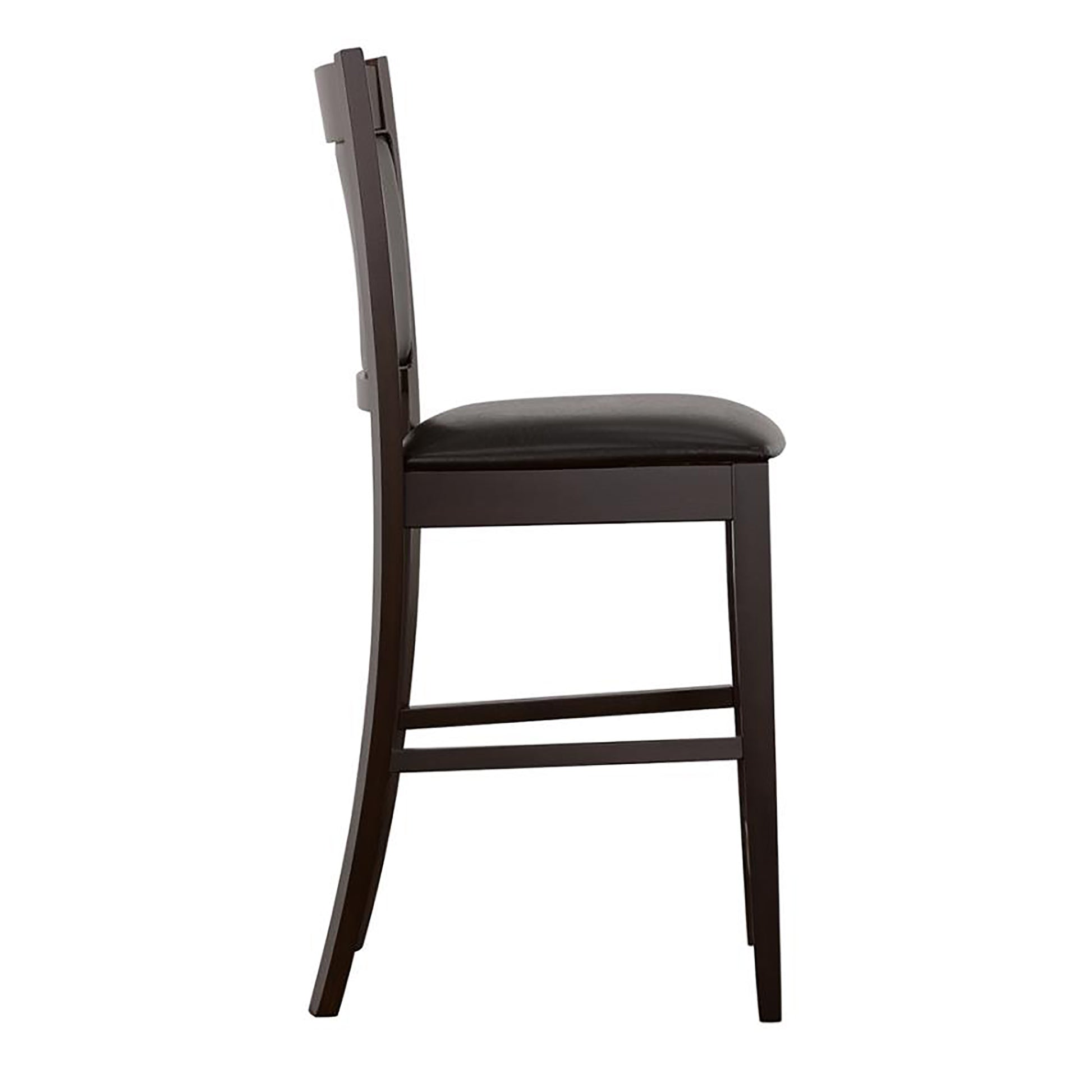 Dark brown wooden bar stool with black upholstered seat profile view
