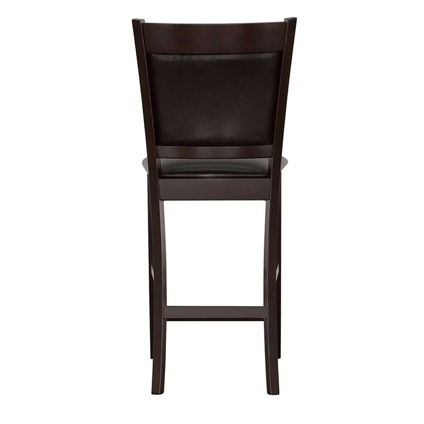 Dark wood and faux leather bar stool back view for kitchen island