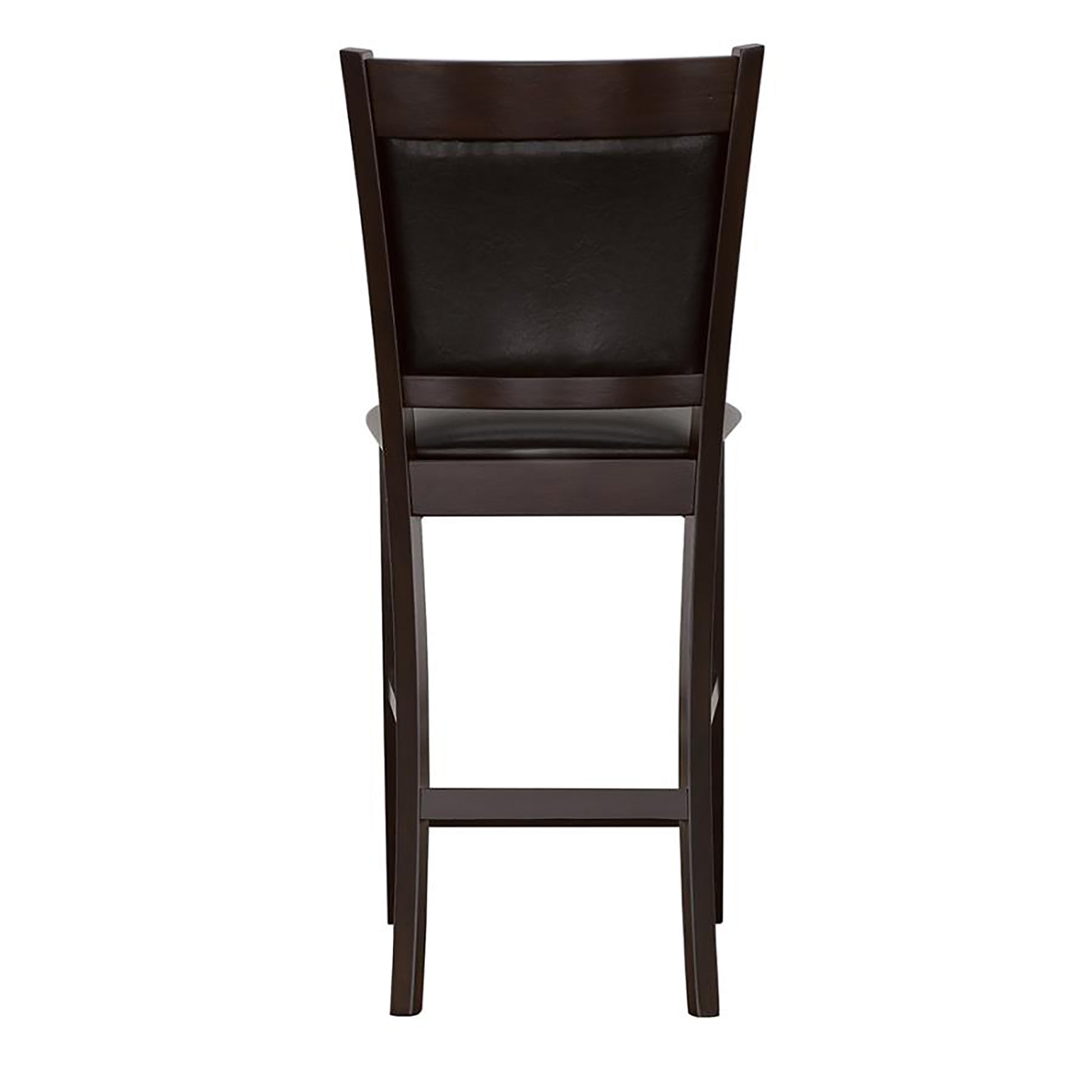 Dark wood and faux leather bar stool back view for kitchen island