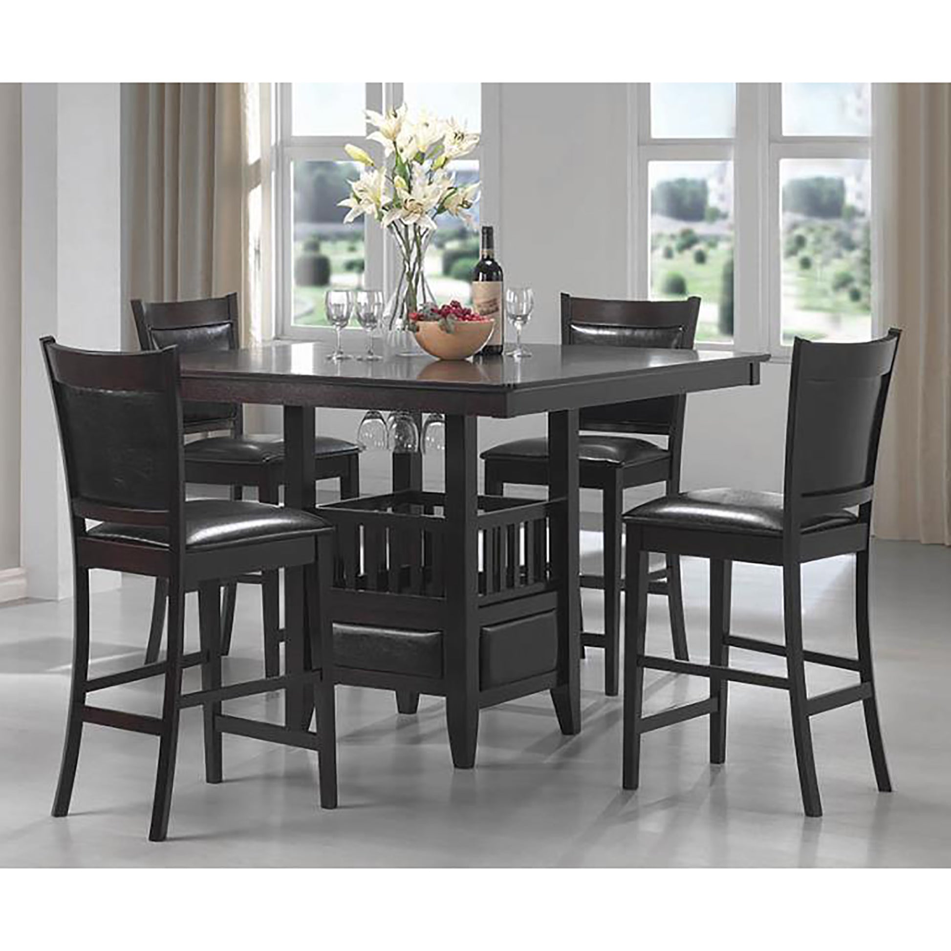 Dark wood bar height table set with four black faux leather stools perfect for dining rooms
