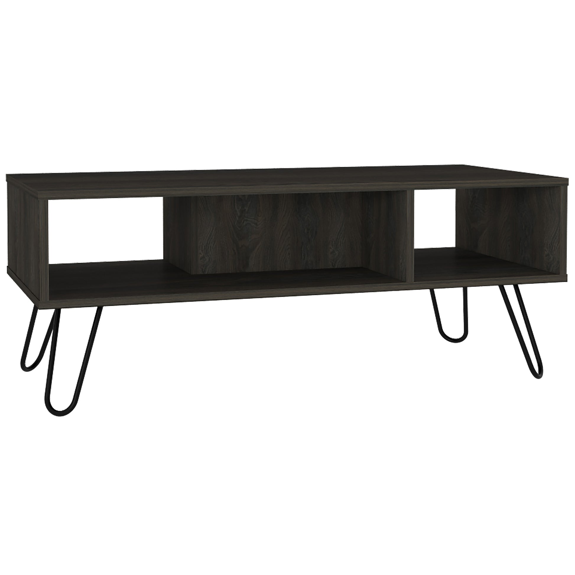 Dark wood entertainment center with open shelving and hairpin legs