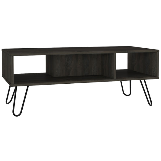 Dark wood entertainment center with open shelving and hairpin legs