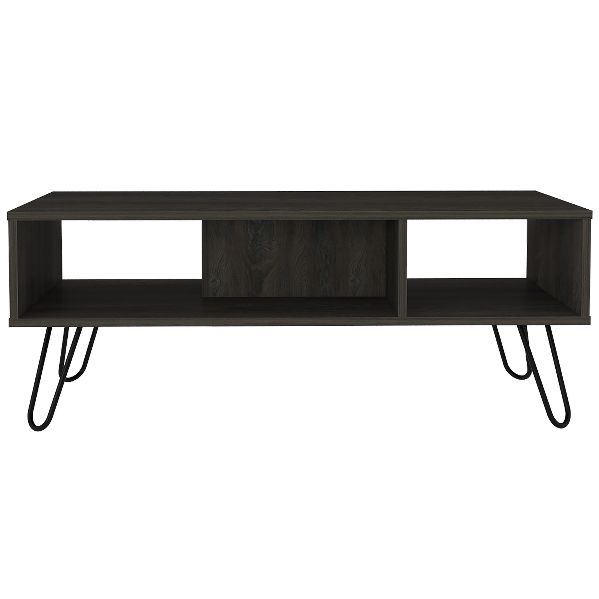 Dark gray wood TV stand with open compartments and hairpin legs perfect for modern living rooms