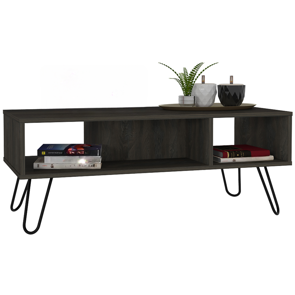 Dark wood media console with open shelving and hairpin legs