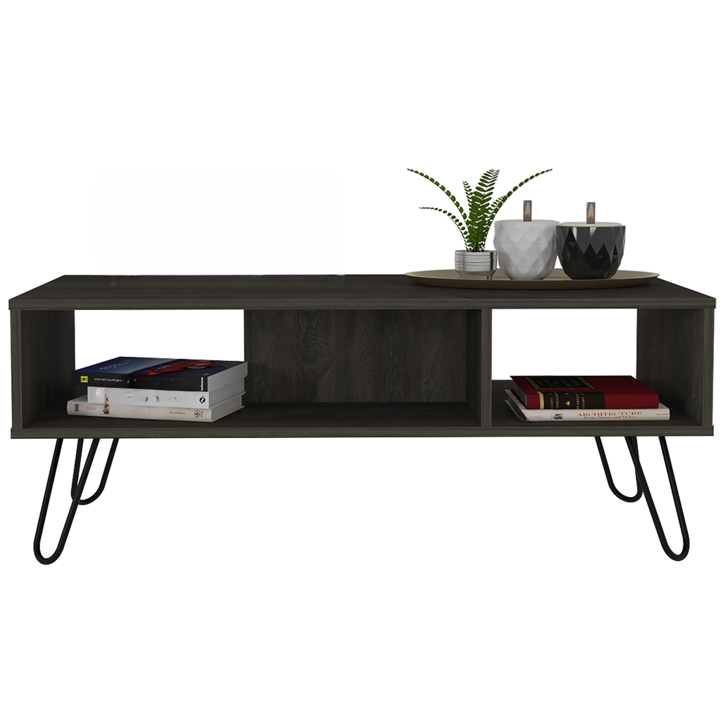 Dark wood coffee table with hairpin legs featuring open shelving and decorative items