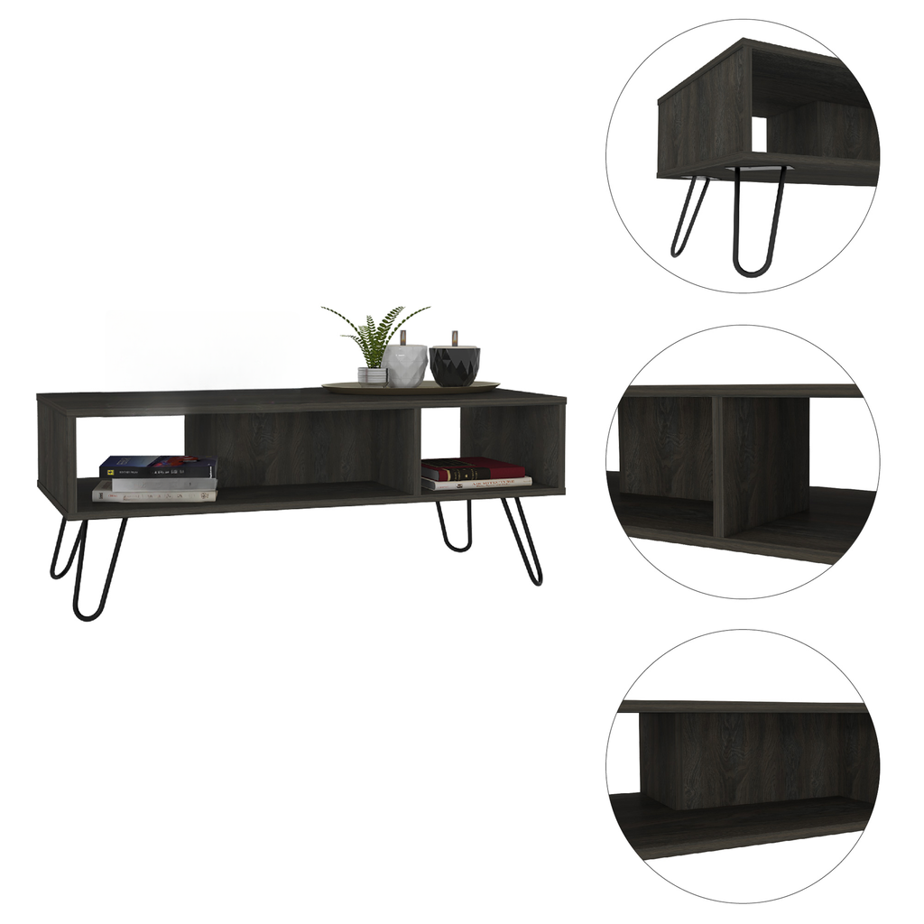 Dark wood TV stand with hairpin legs and open shelving for media storage