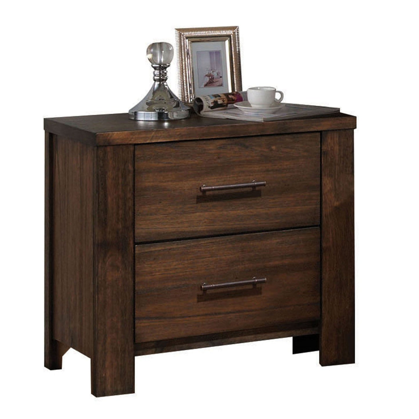 Dark wood bedside table with two drawers and brushed nickel pulls