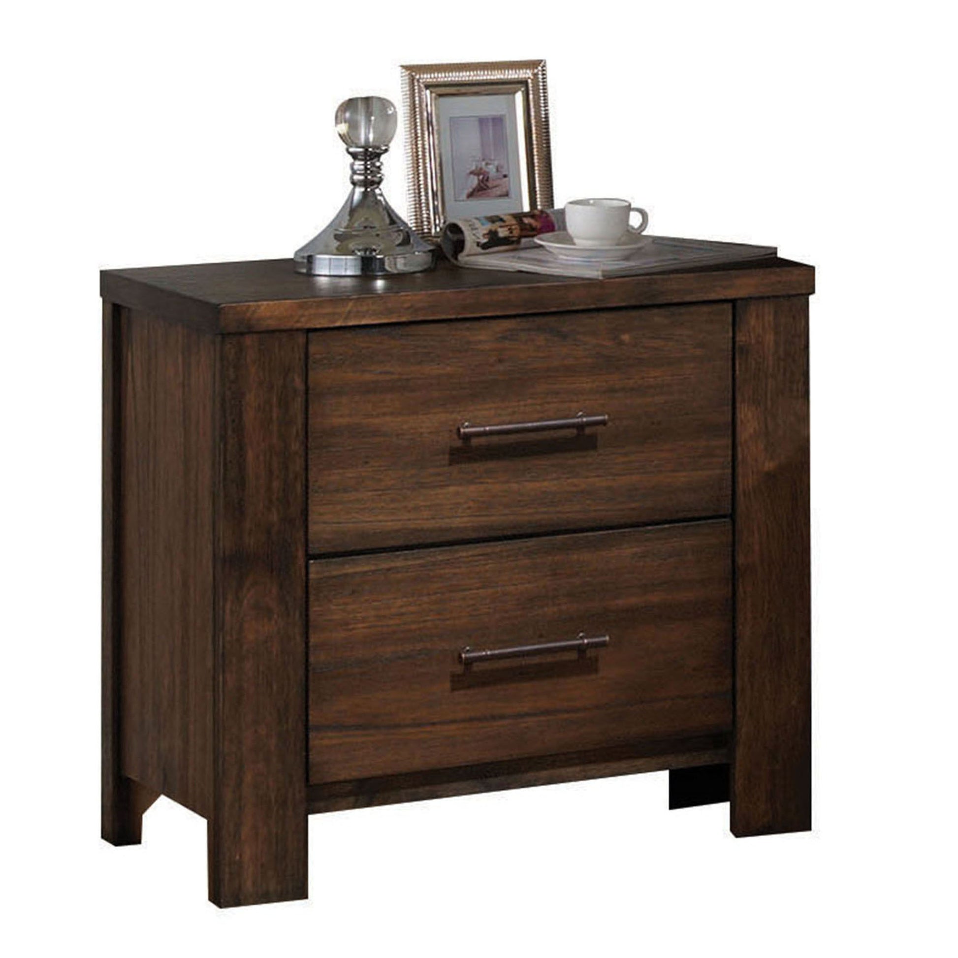 Dark wood bedside table with two drawers and brushed nickel pulls