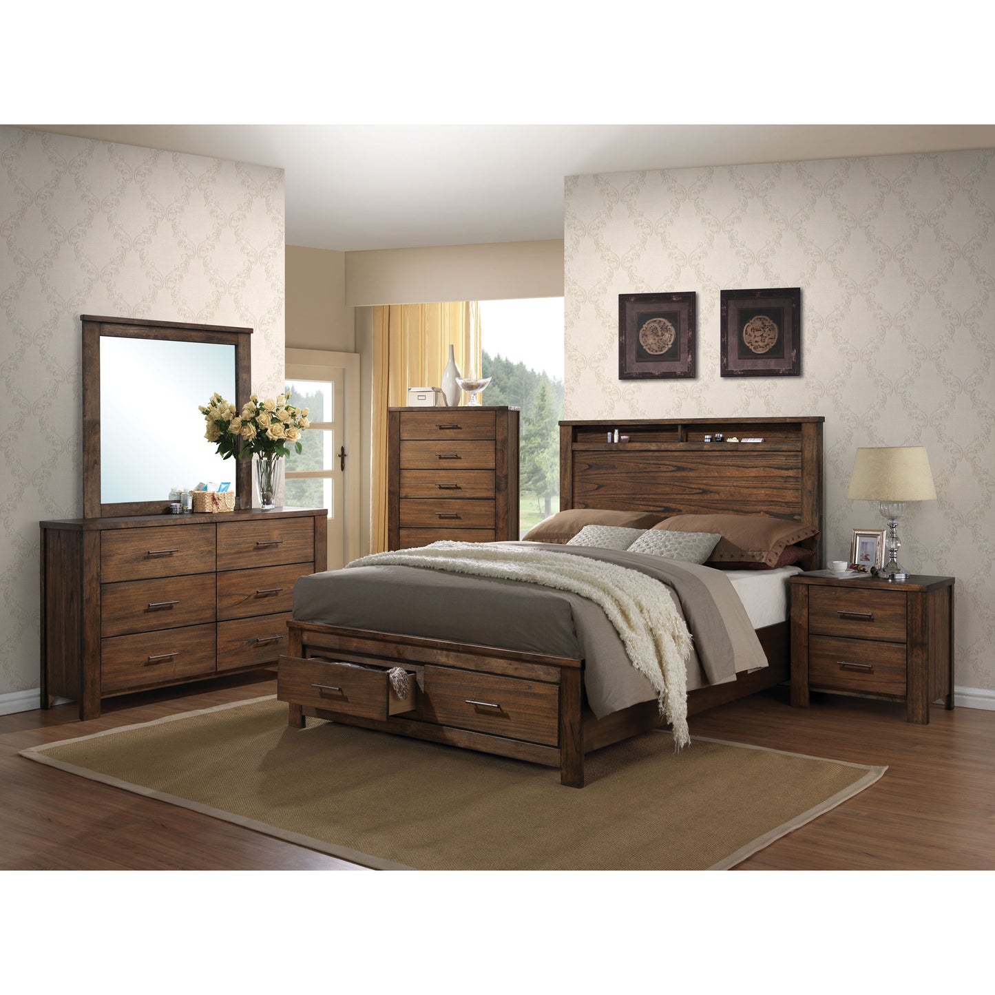 Rustic brown wood king bed with builtin headboard storage and drawers