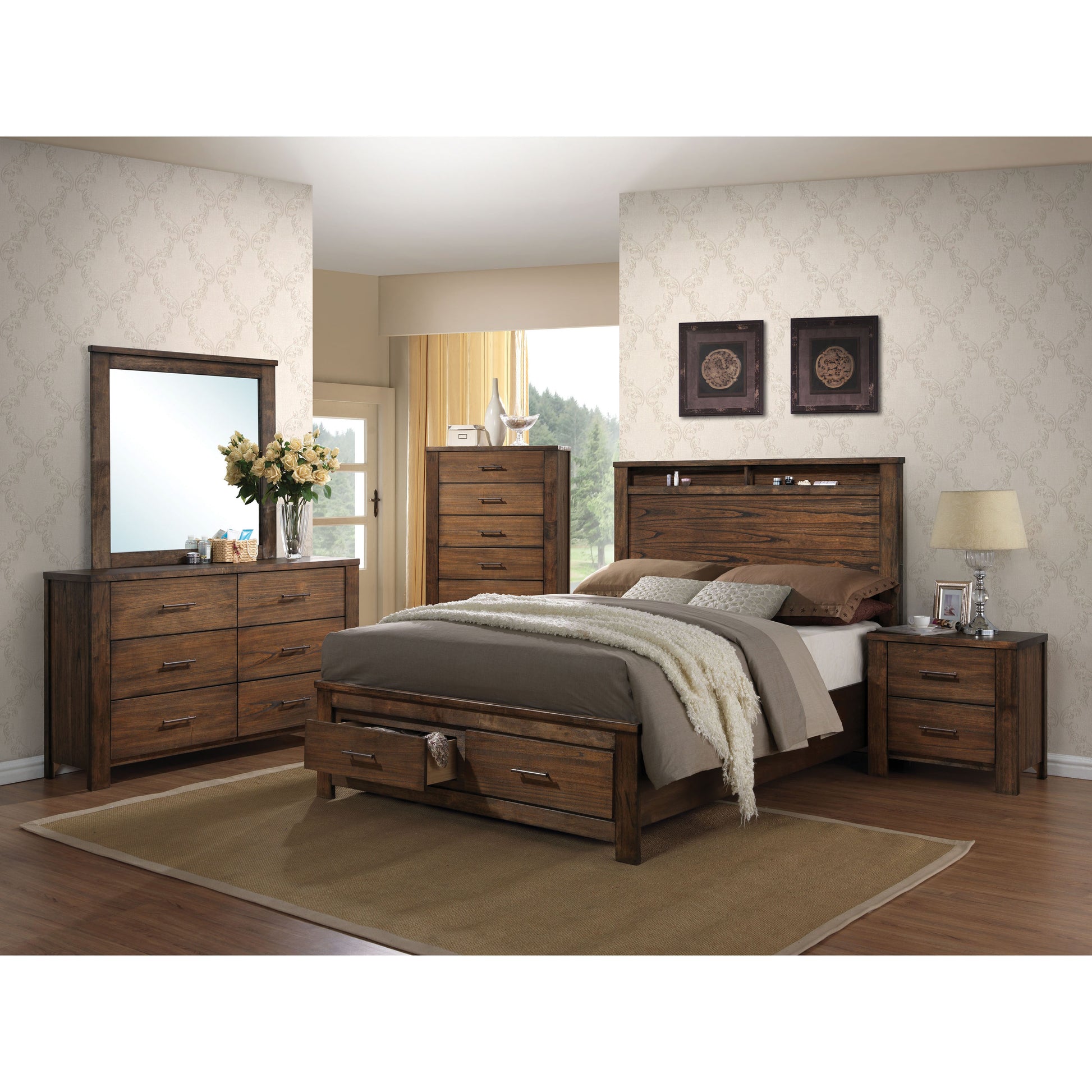 Rustic brown wood king bed with builtin headboard storage and drawers