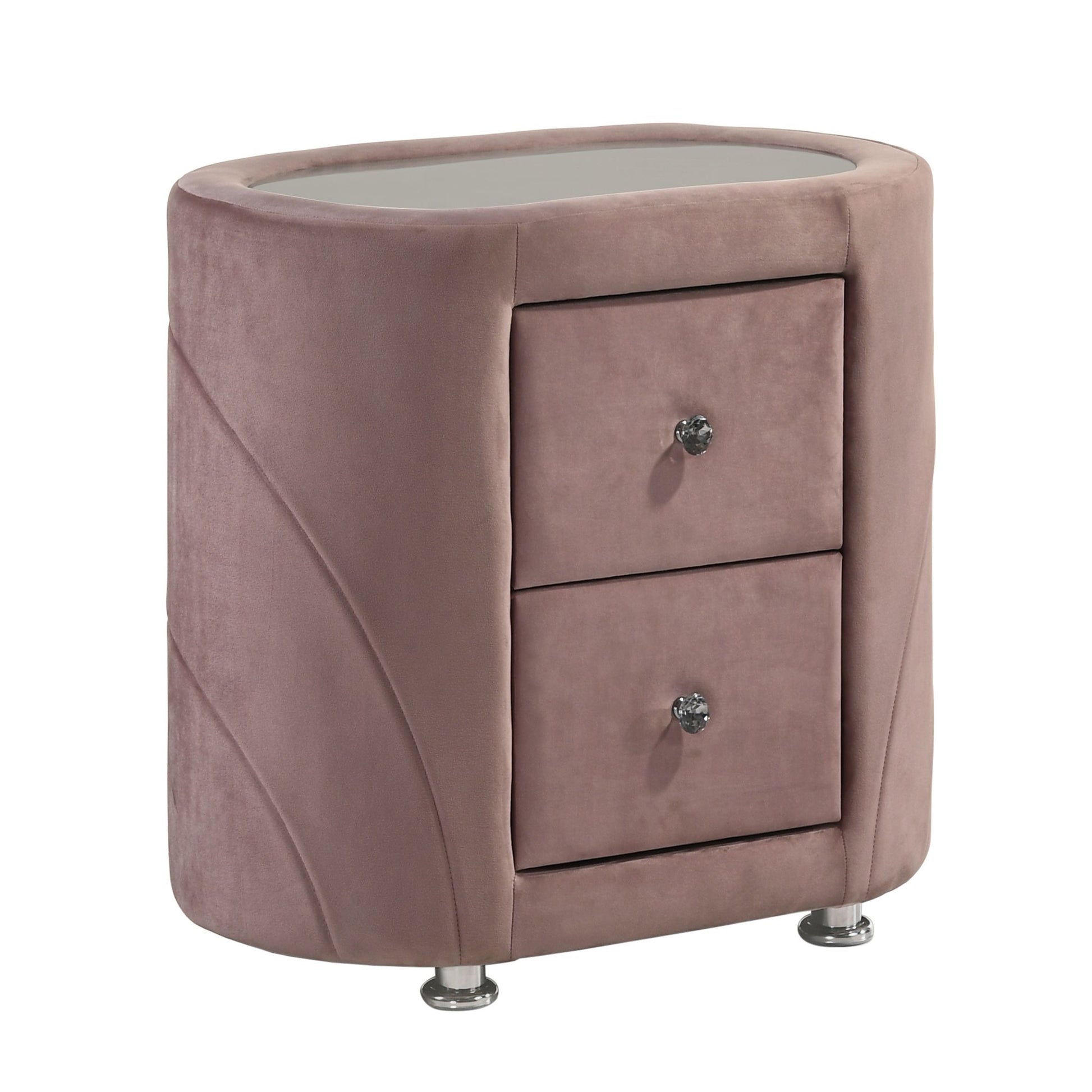 Rose velvet oval nightstand with crystal knobs and mirrored top