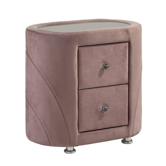 Rose velvet oval nightstand with crystal knobs and mirrored top