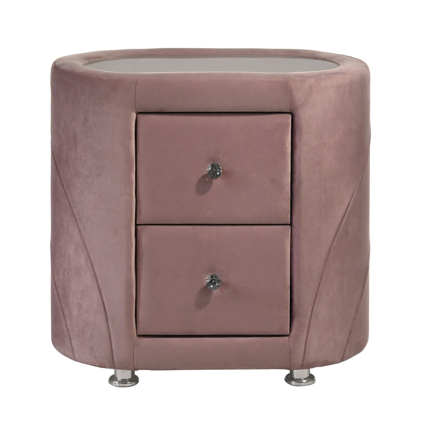 Oval pink velvet nightstand with two drawers and mirrored top surface
