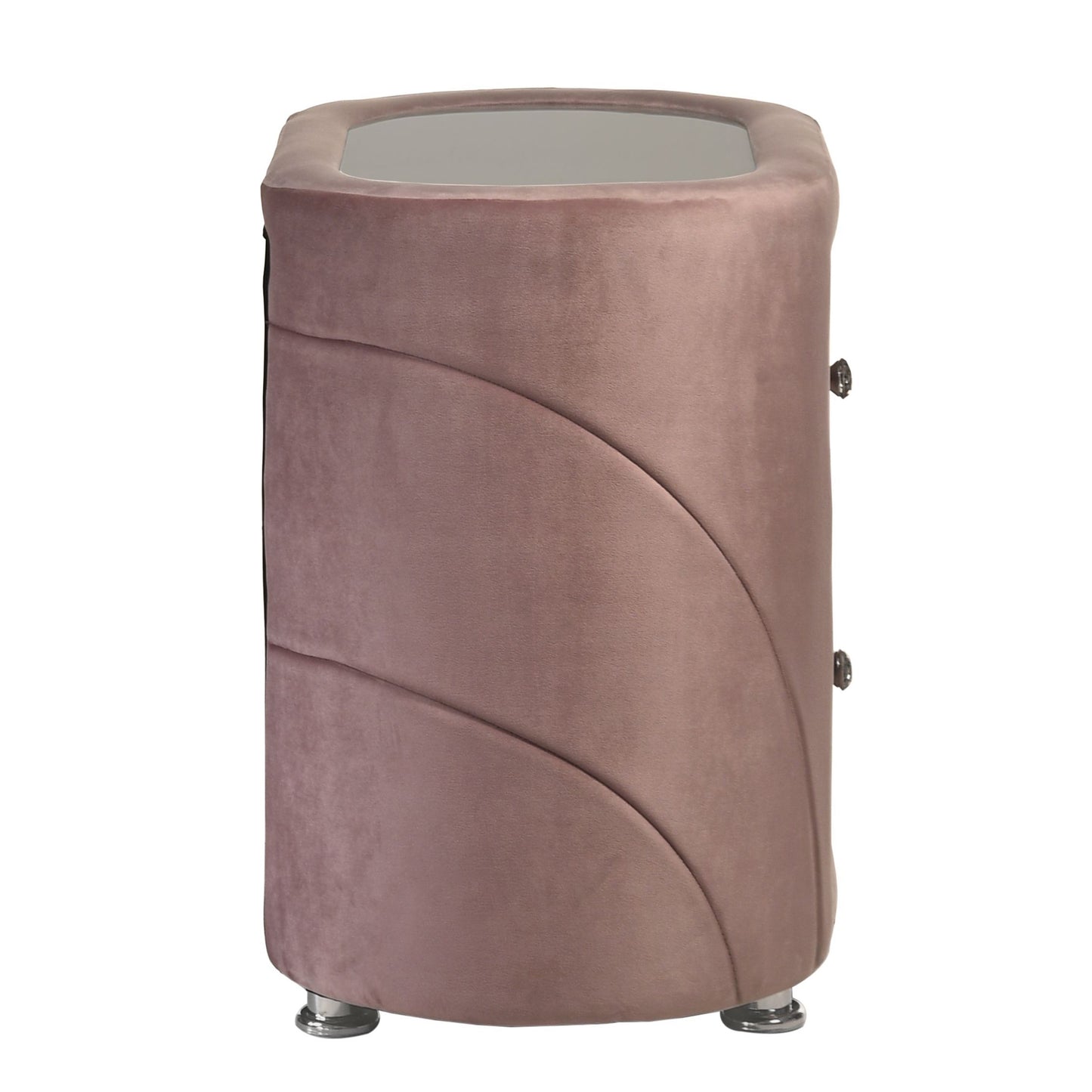 Mauve velvet cylinder end table with mirrored top and silver legs
