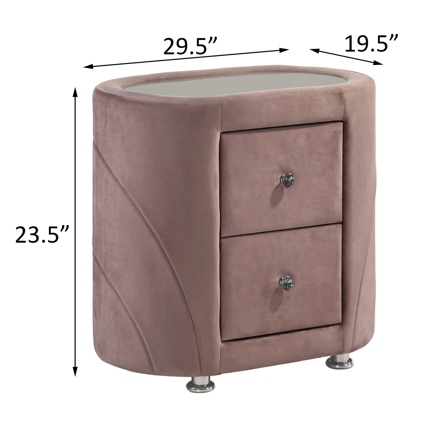 Mauve velvet oval nightstand with two crystal drawer pulls and a glass top