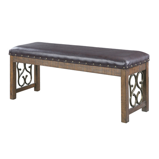 Dark brown faux leather upholstered bench with distressed wood frame and ornate metal accents