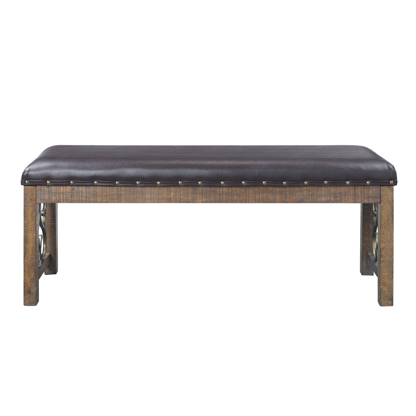 Dark brown faux leather bench with studded trim and distressed wood frame perfect for entryway